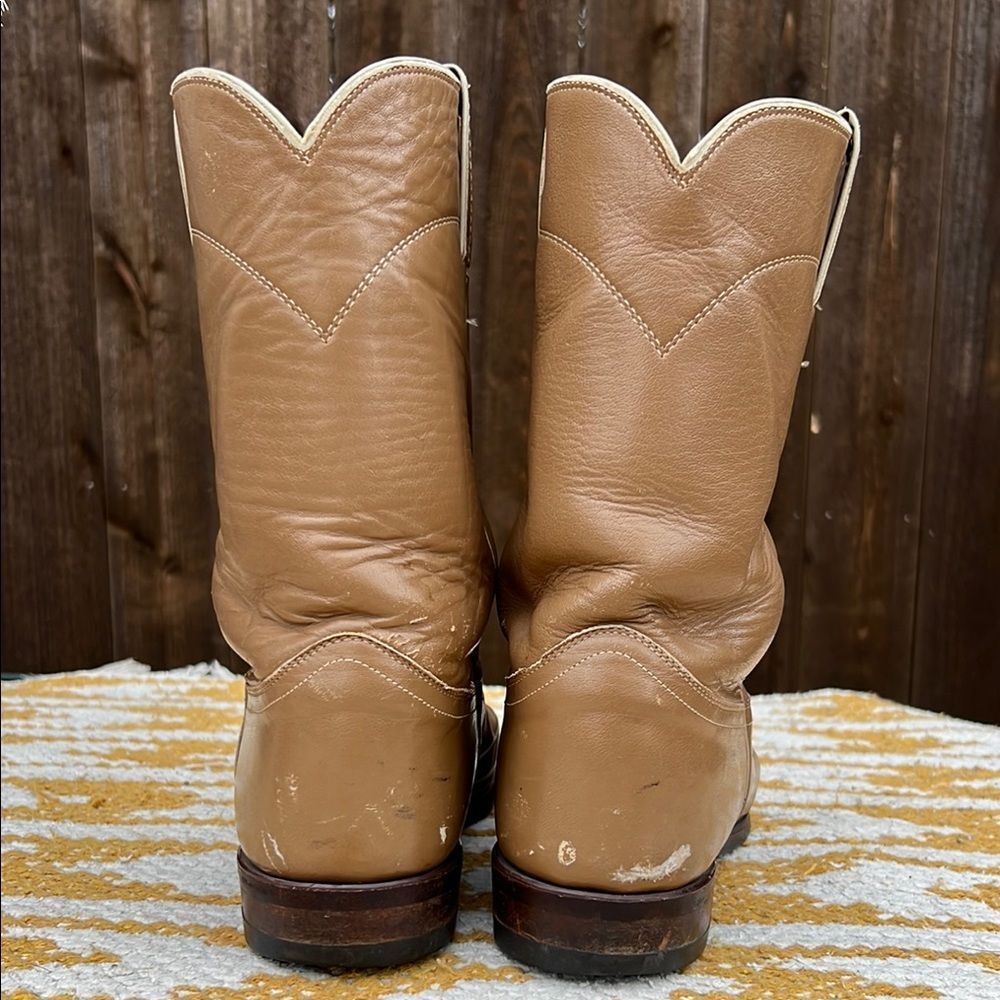 Justin Ropers Classic Tan Leather Cowboy Boots Goodyear Oil Resistant Sole Work - Picture 3 of 16